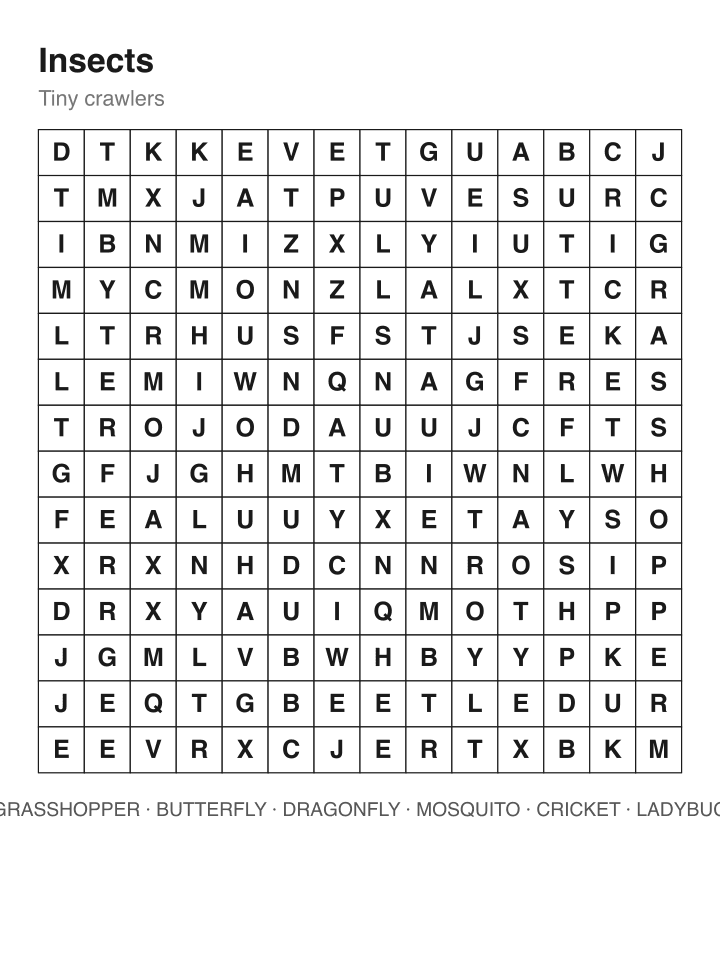 Insects word search puzzle, 14 by 14 grid