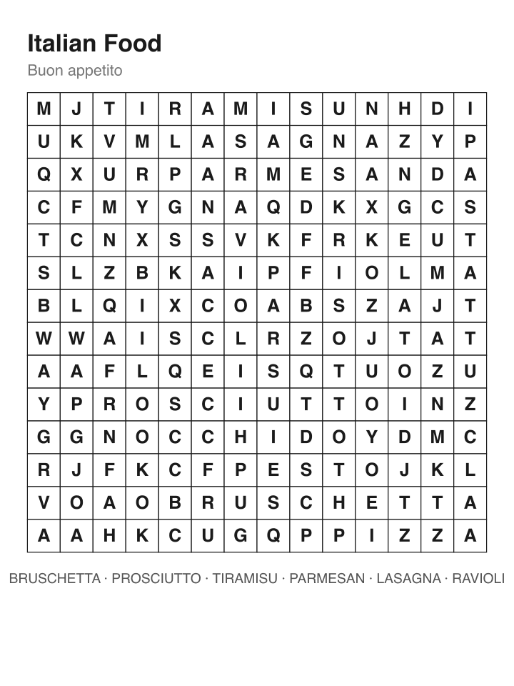 Italian Food word search puzzle, 14 by 14 grid