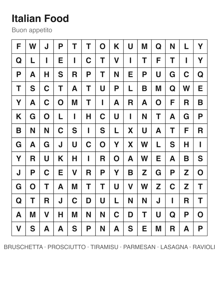 Italian Food word search puzzle, 14 by 14 grid