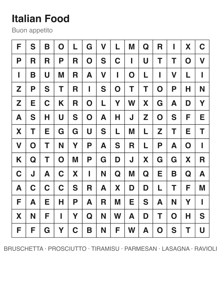 Italian Food word search puzzle, 14 by 14 grid
