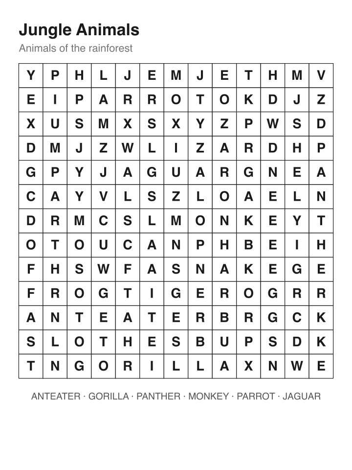 Jungle Animals word search puzzle, 13 by 13 grid