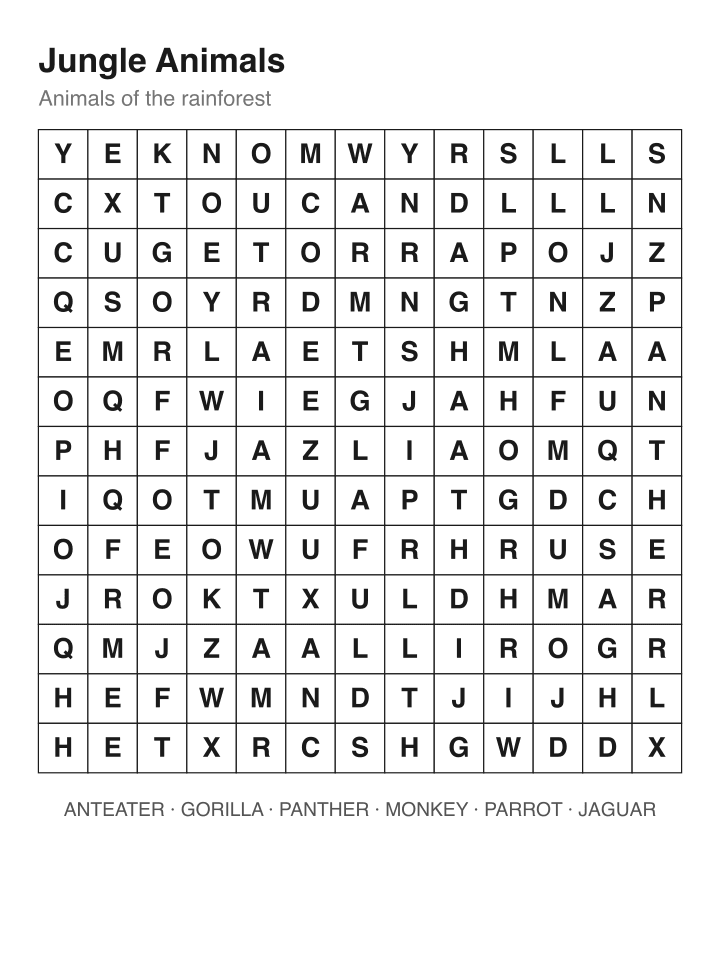 Jungle Animals word search puzzle, 13 by 13 grid