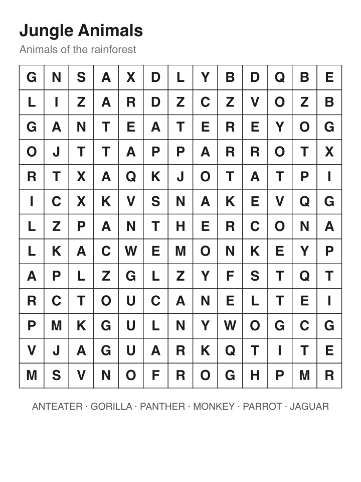 Jungle Animals word search puzzle, 13 by 13 grid