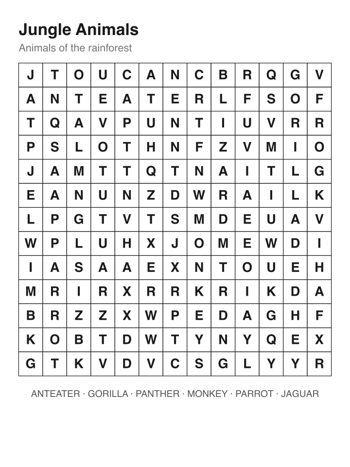 Jungle Animals word search puzzle, 13 by 13 grid