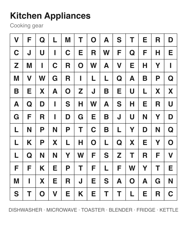 Kitchen Appliances word search puzzle, 13 by 13 grid