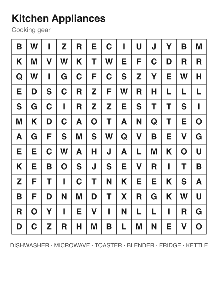 Kitchen Appliances word search puzzle, 13 by 13 grid