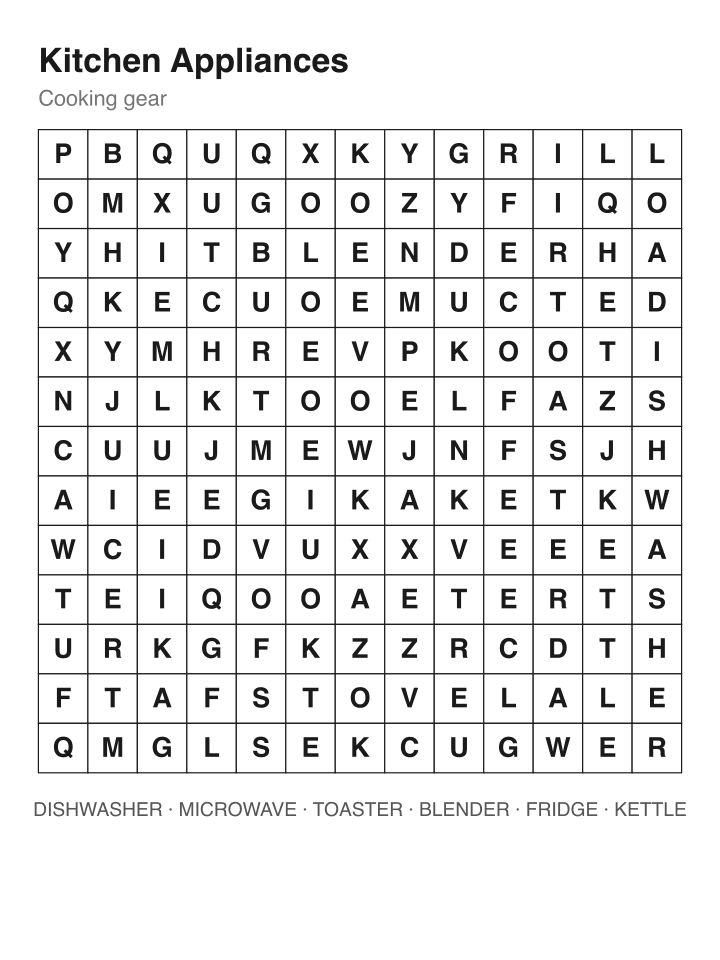 Kitchen Appliances word search puzzle, 13 by 13 grid
