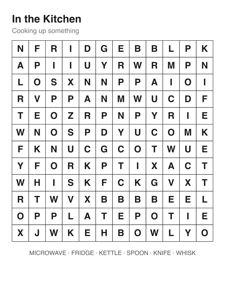 In the Kitchen word search puzzle, 12 by 12 grid