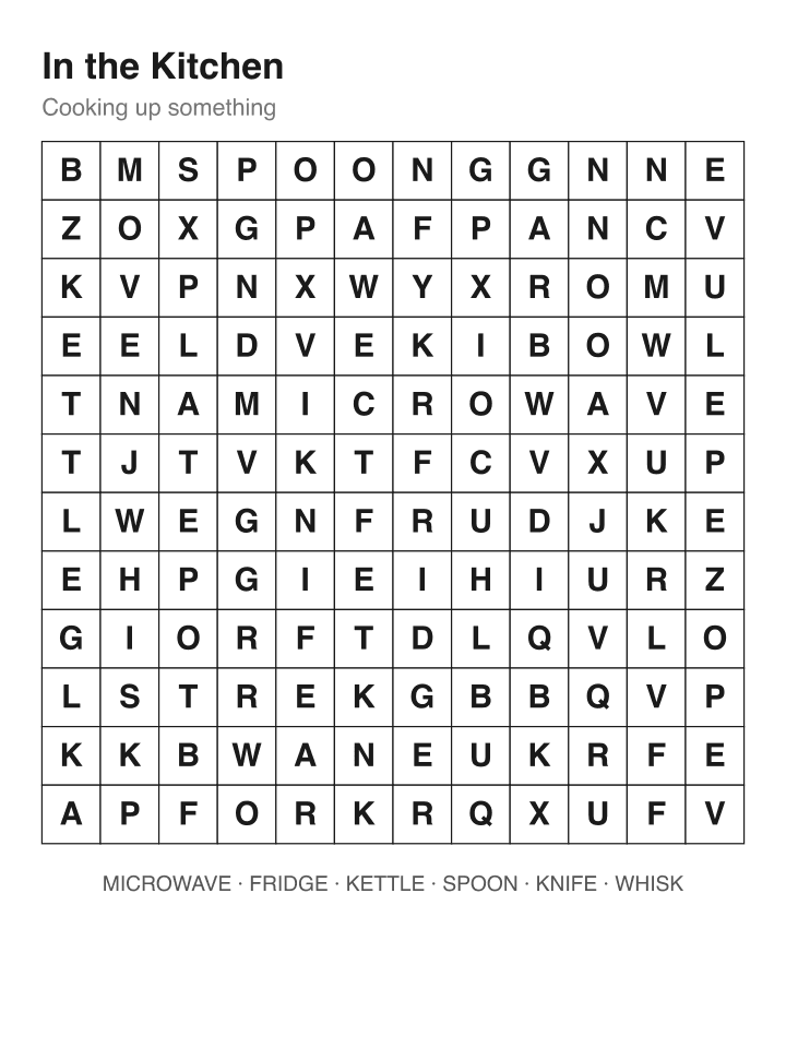 In the Kitchen word search puzzle, 12 by 12 grid