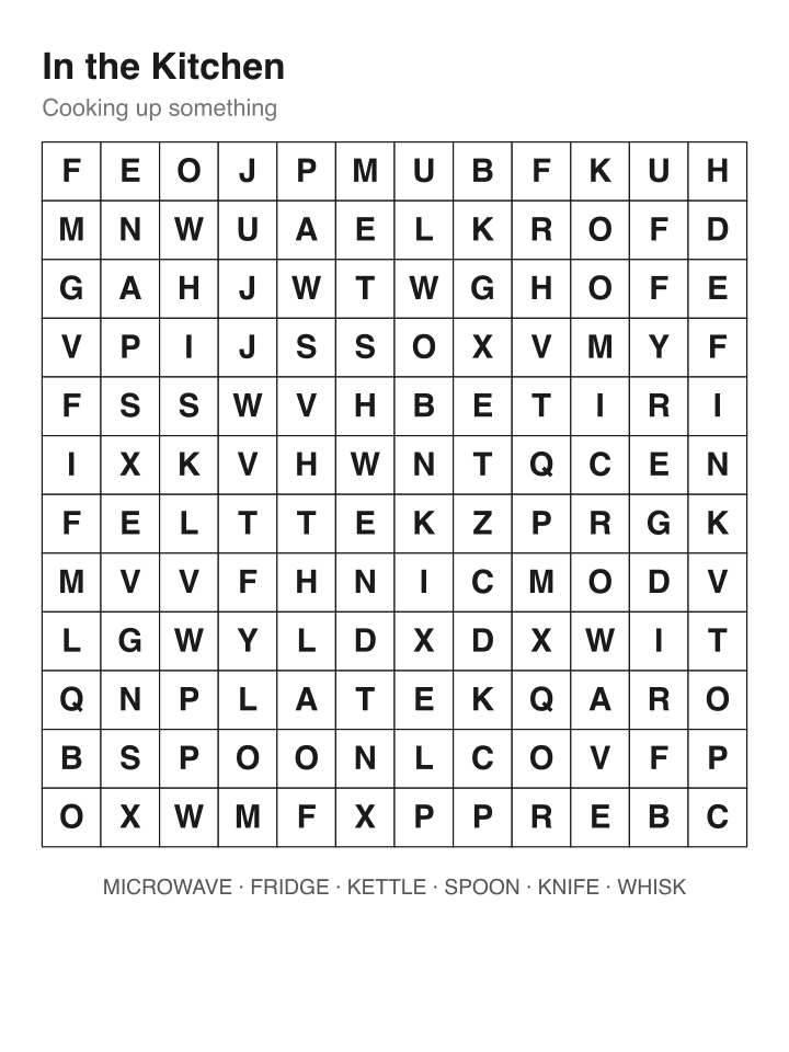 In the Kitchen word search puzzle, 12 by 12 grid