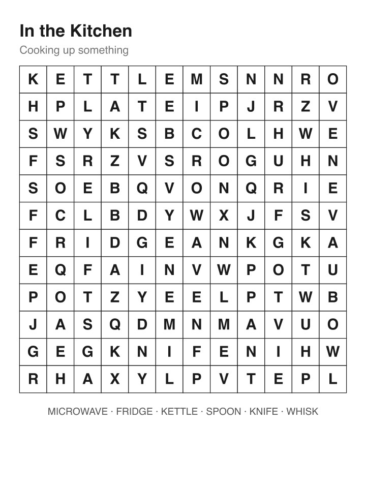 In the Kitchen word search puzzle, 12 by 12 grid