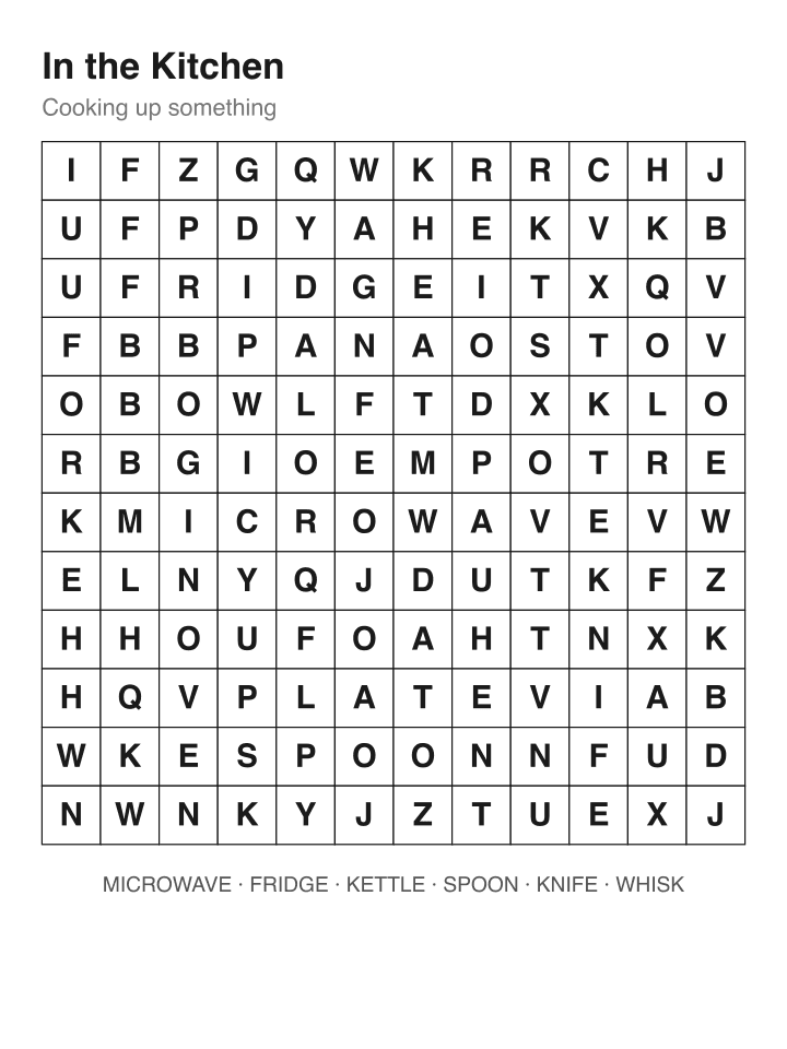 In the Kitchen word search puzzle, 12 by 12 grid