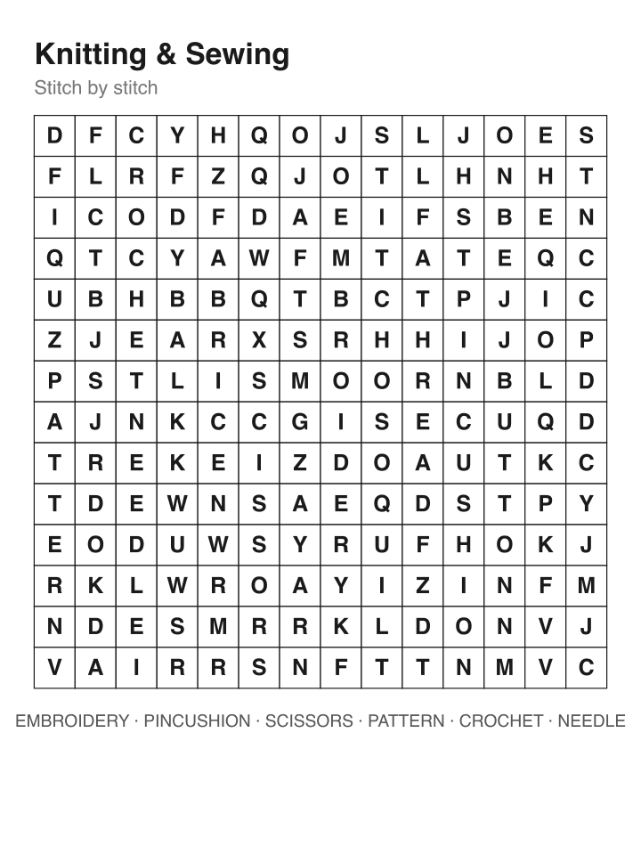 Knitting & Sewing word search puzzle, 14 by 14 grid