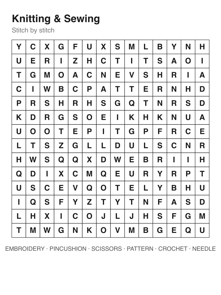 Knitting & Sewing word search puzzle, 14 by 14 grid