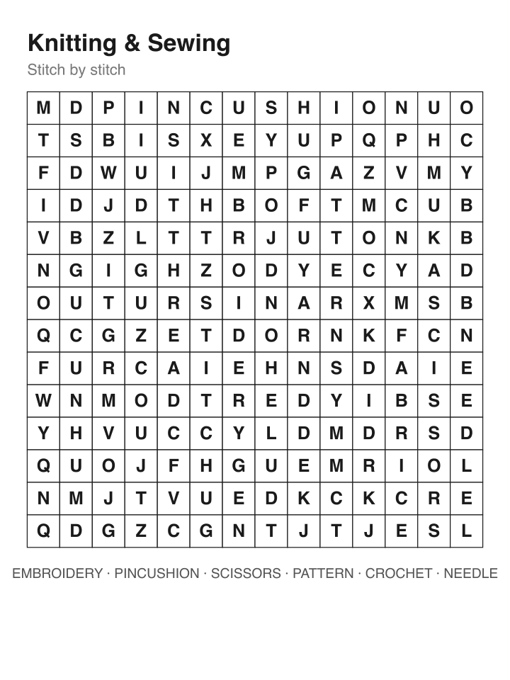 Knitting & Sewing word search puzzle, 14 by 14 grid