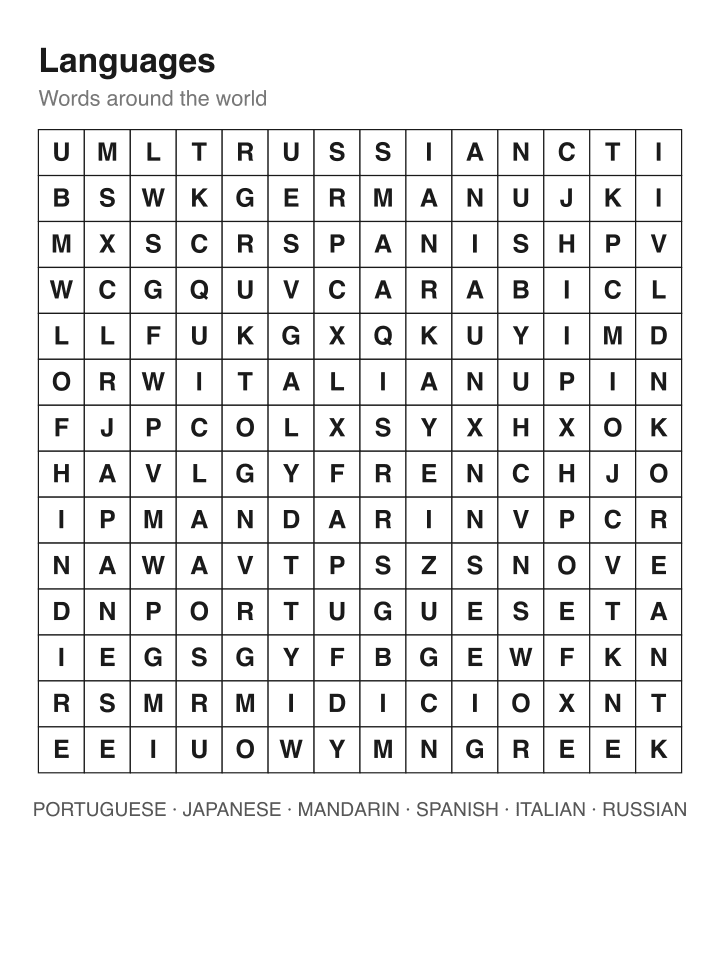 Languages word search puzzle, 14 by 14 grid