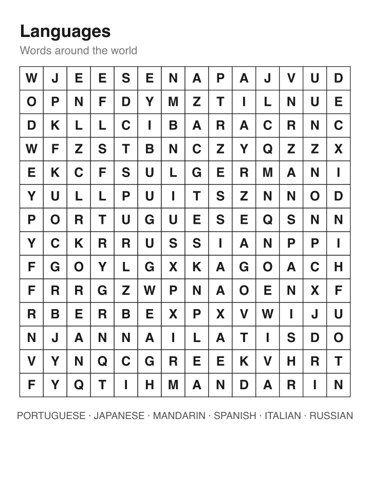 Languages word search puzzle, 14 by 14 grid