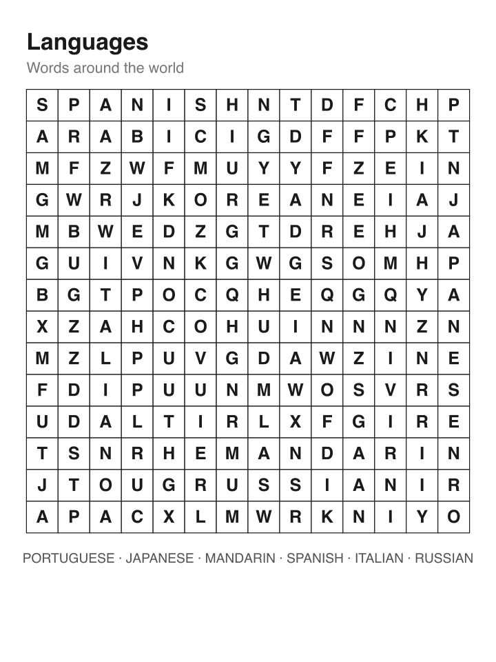 Languages word search puzzle, 14 by 14 grid