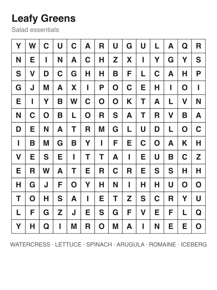Leafy Greens word search puzzle, 14 by 14 grid