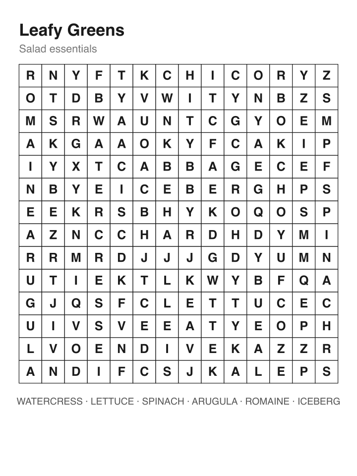Leafy Greens word search puzzle, 14 by 14 grid