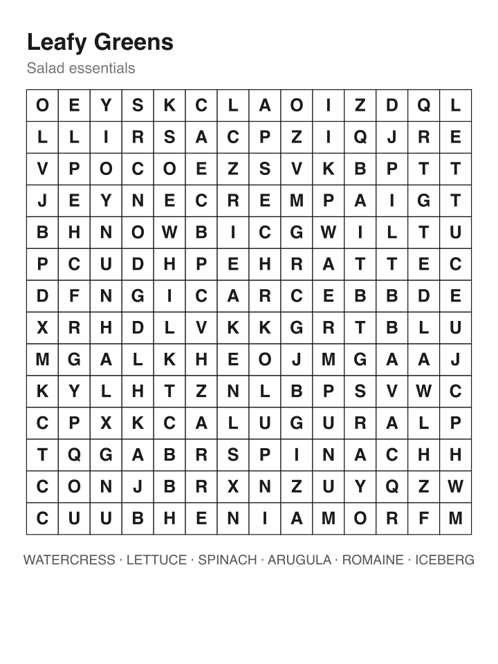 Leafy Greens word search puzzle, 14 by 14 grid