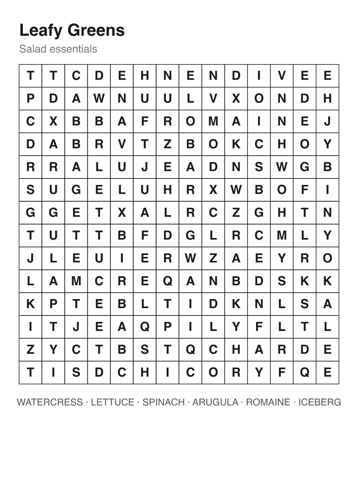 Leafy Greens word search puzzle, 14 by 14 grid