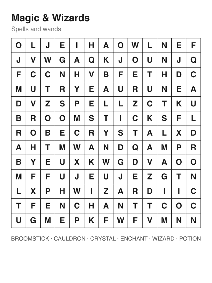 Magic & Wizards word search puzzle, 13 by 13 grid