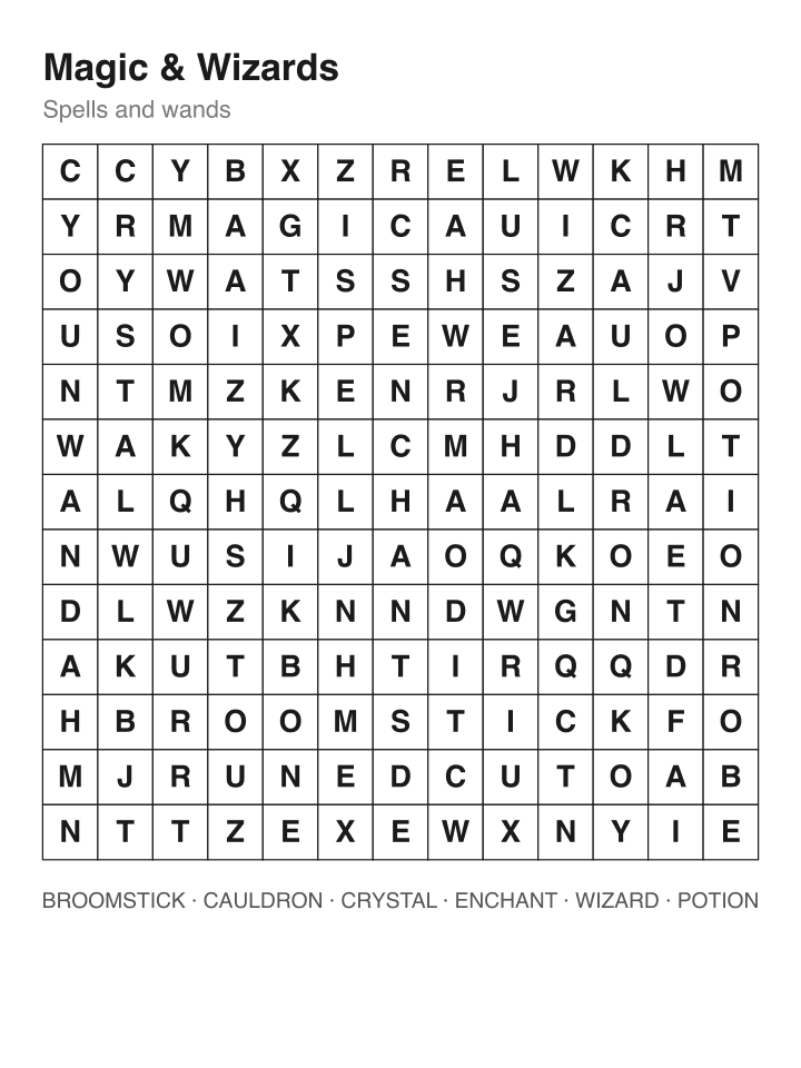 Magic & Wizards word search puzzle, 13 by 13 grid