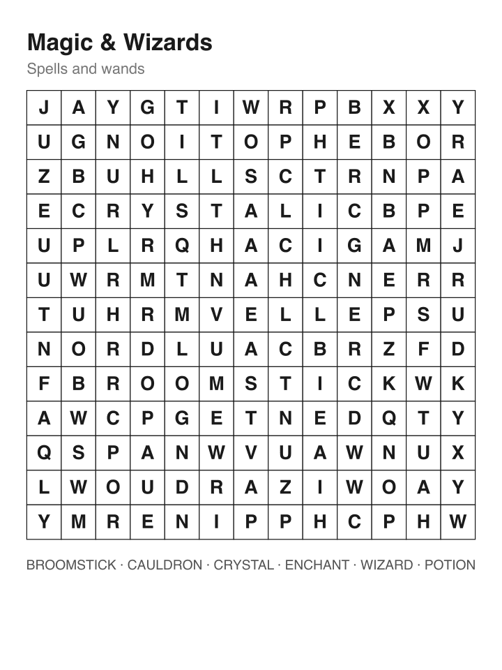 Magic & Wizards word search puzzle, 13 by 13 grid