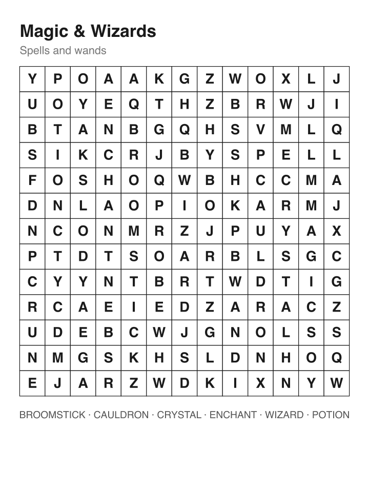 Magic & Wizards word search puzzle, 13 by 13 grid