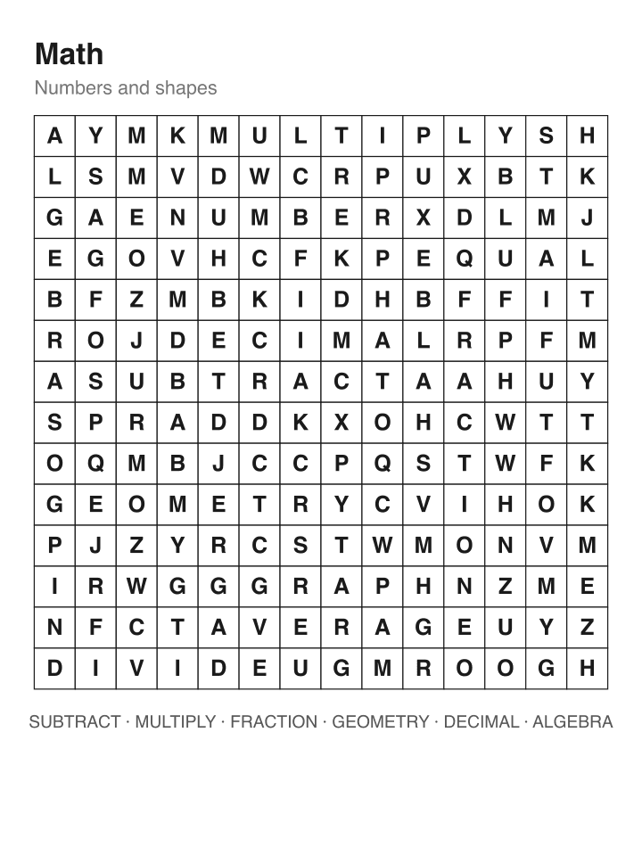 Math word search puzzle, 14 by 14 grid