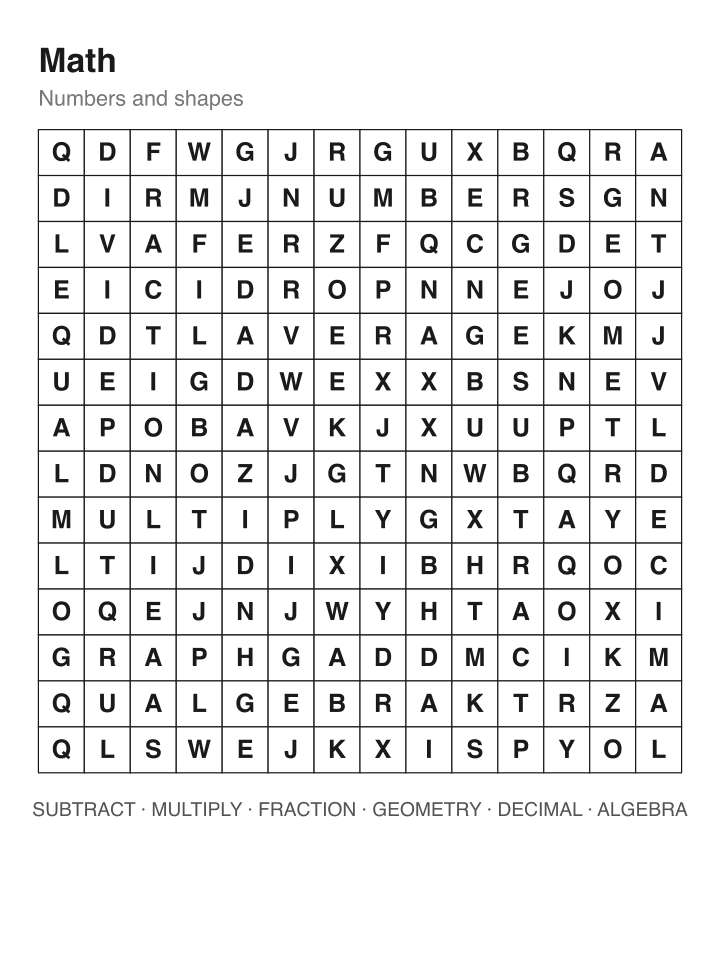 Math word search puzzle, 14 by 14 grid