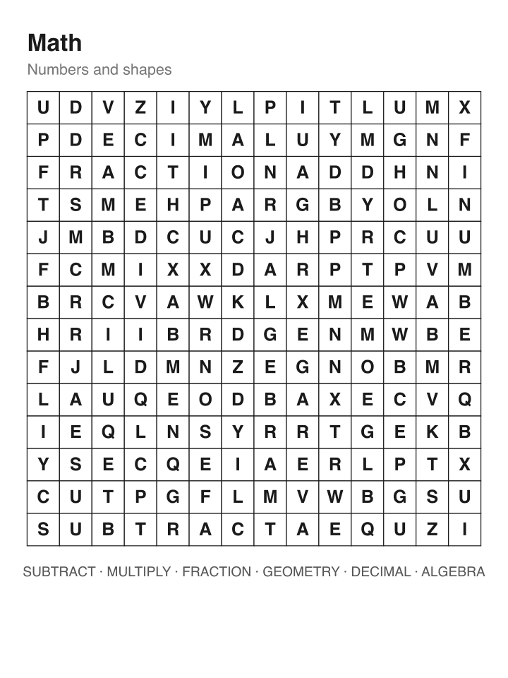 Math word search puzzle, 14 by 14 grid