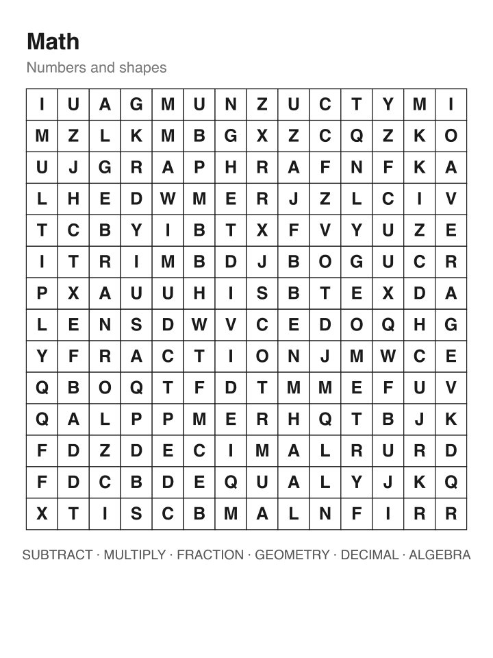 Math word search puzzle, 14 by 14 grid