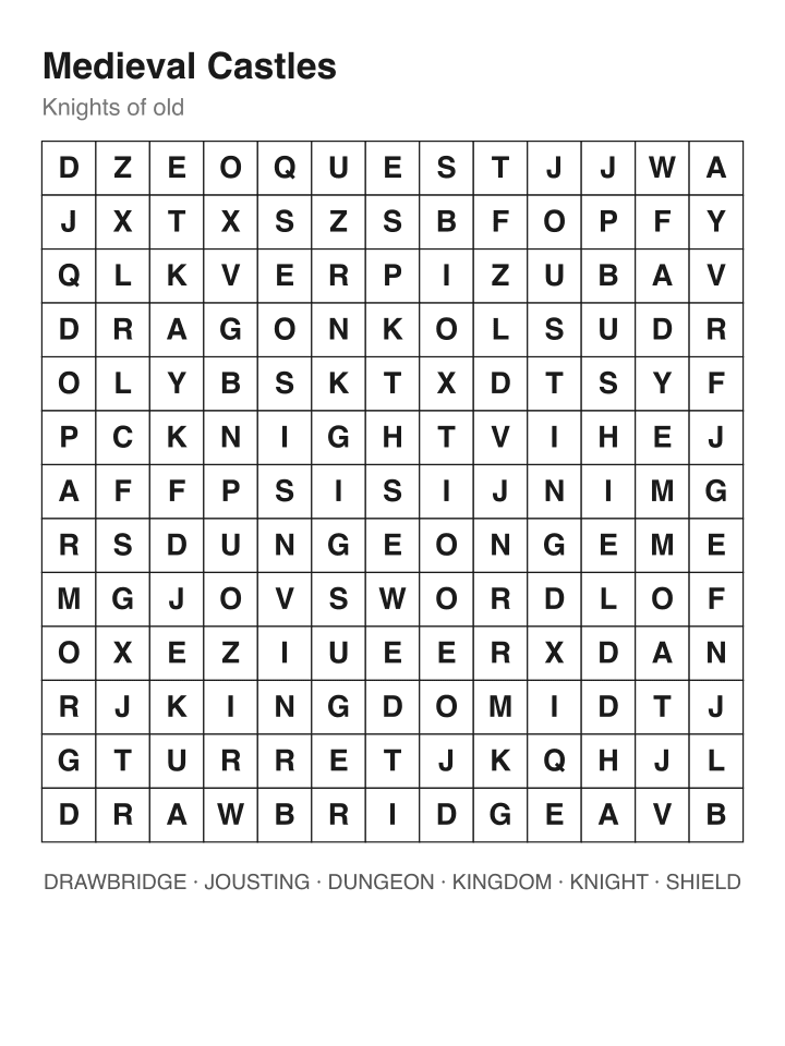 Medieval Castles word search puzzle, 13 by 13 grid