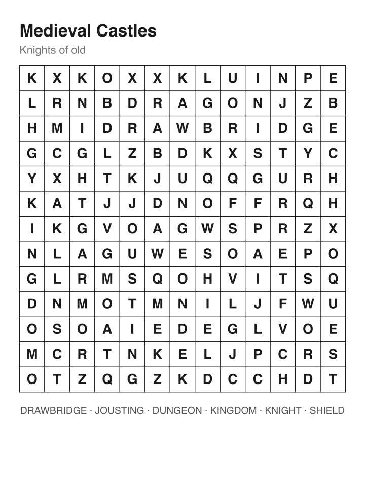 Medieval Castles word search puzzle, 13 by 13 grid