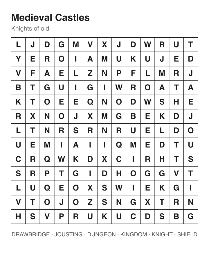 Medieval Castles word search puzzle, 13 by 13 grid