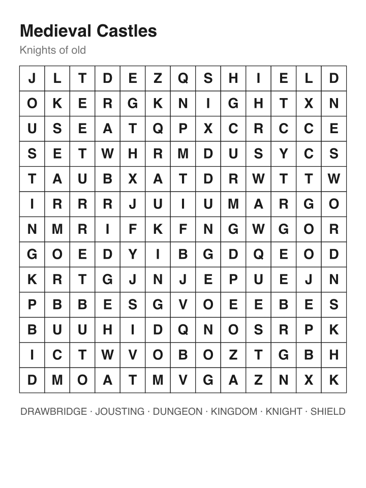 Medieval Castles word search puzzle, 13 by 13 grid