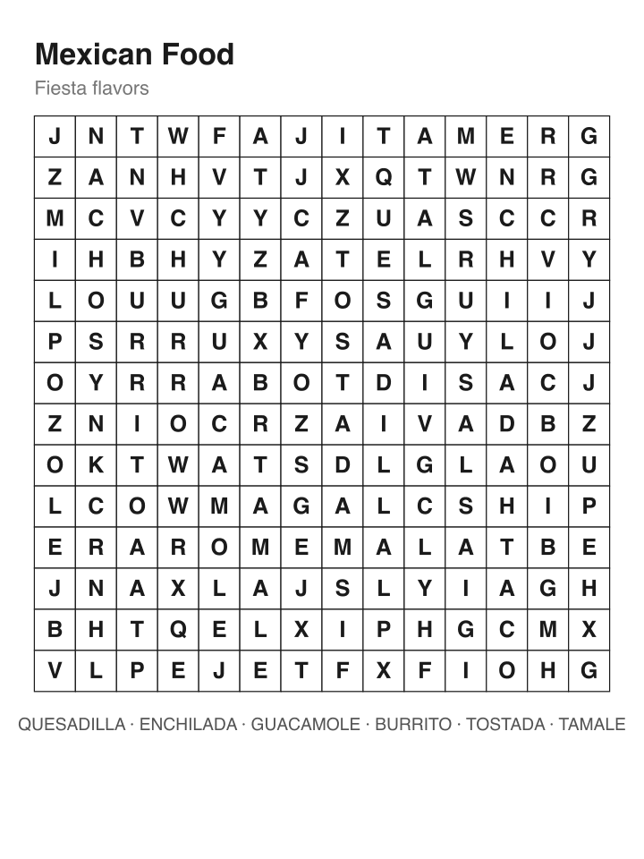 Mexican Food word search puzzle, 14 by 14 grid
