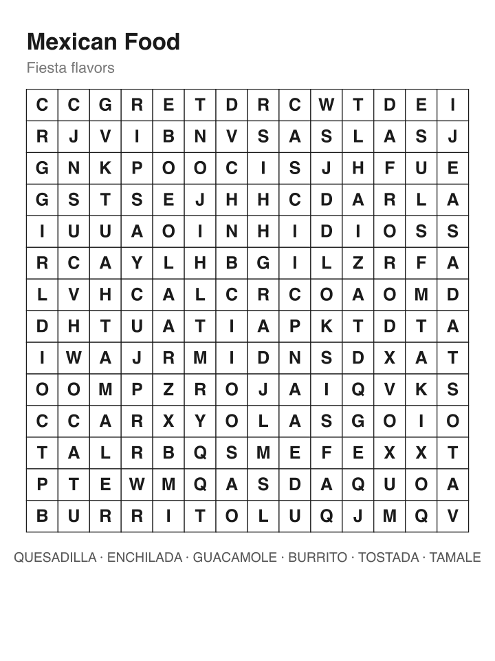 Mexican Food word search puzzle, 14 by 14 grid