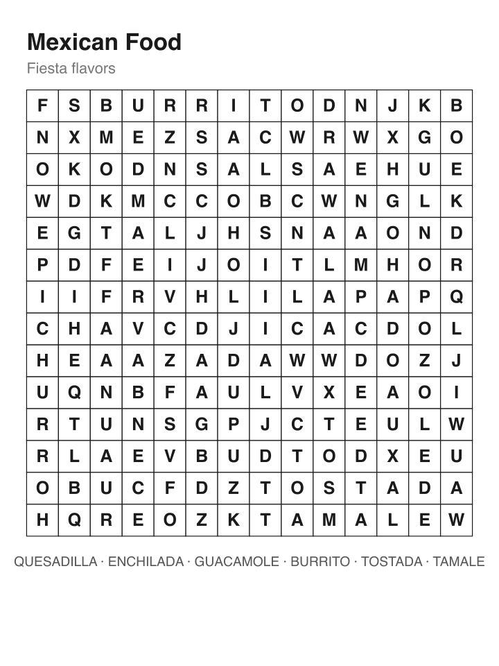 Mexican Food word search puzzle, 14 by 14 grid