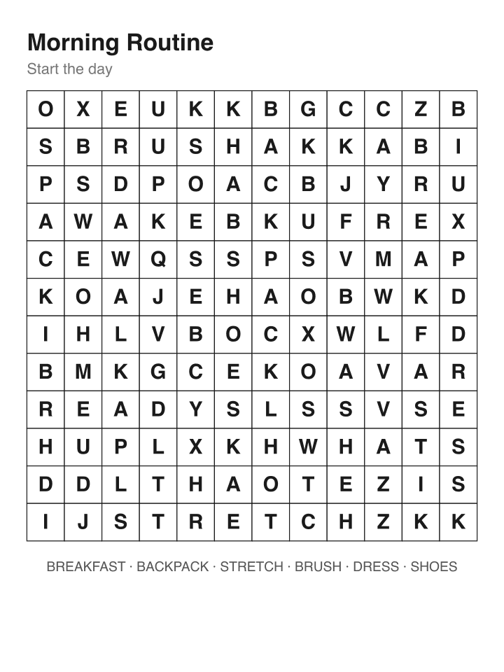 Morning Routine word search puzzle, 12 by 12 grid
