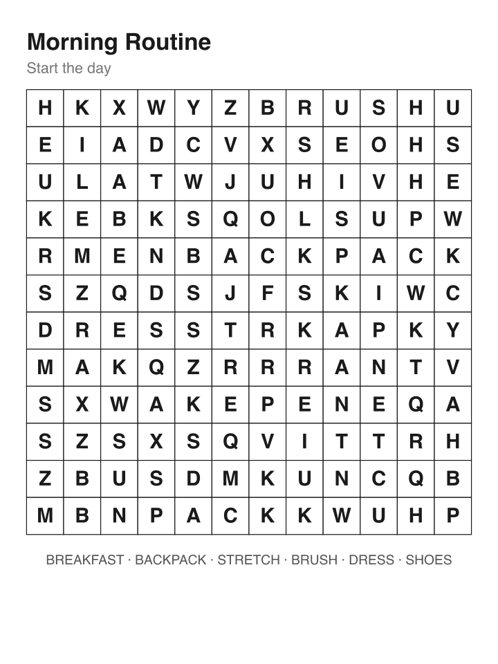 Morning Routine word search puzzle, 12 by 12 grid