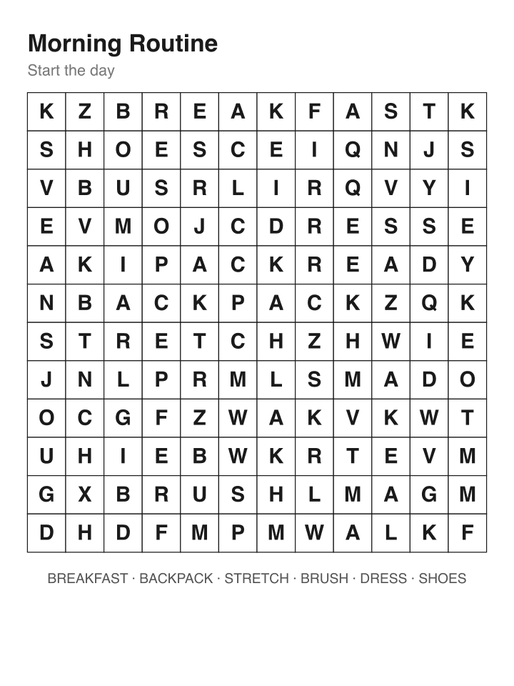 Morning Routine word search puzzle, 12 by 12 grid