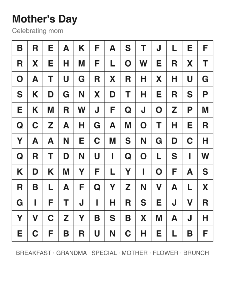 Mother's Day word search puzzle, 13 by 13 grid