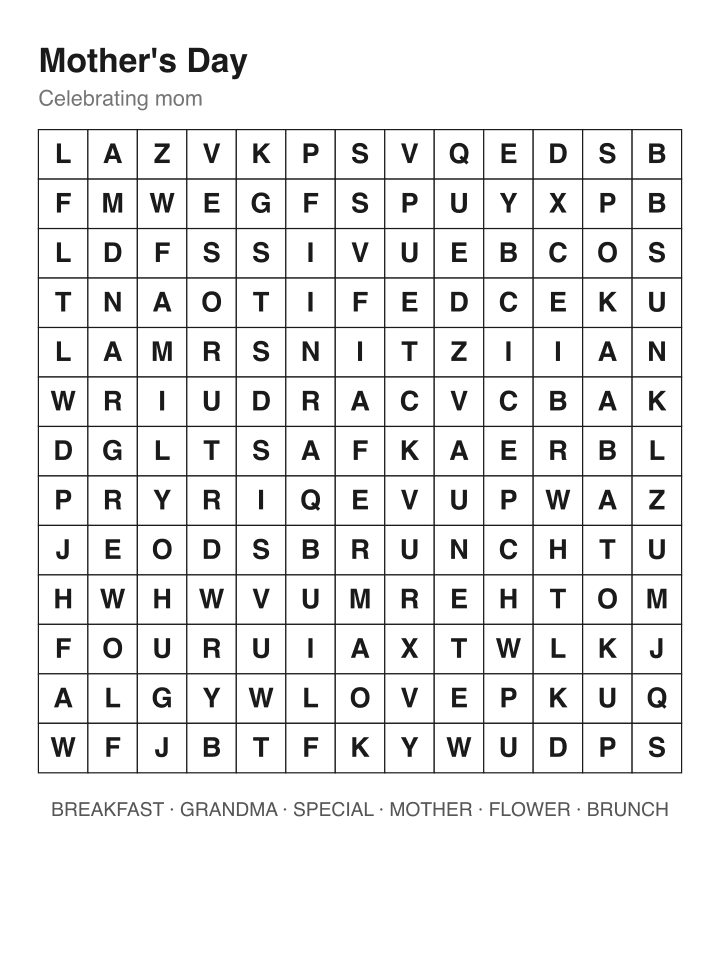 Mother's Day word search puzzle, 13 by 13 grid