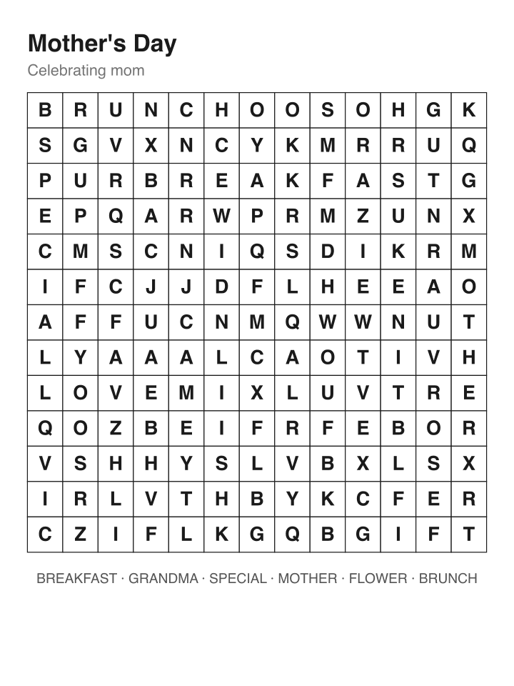 Mother's Day word search puzzle, 13 by 13 grid