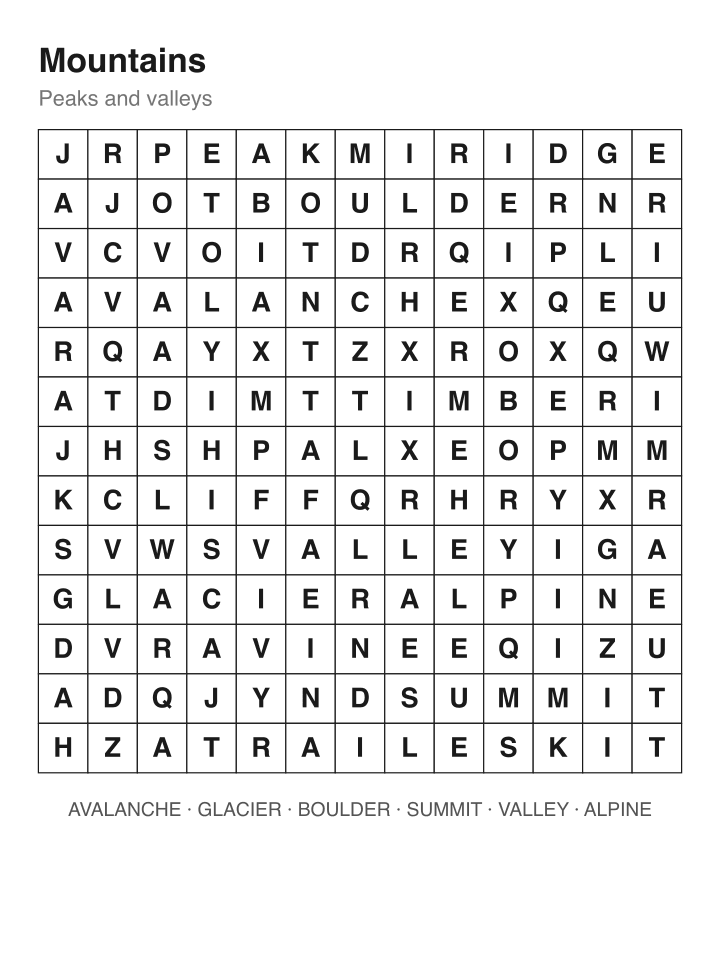 Mountains word search puzzle, 13 by 13 grid