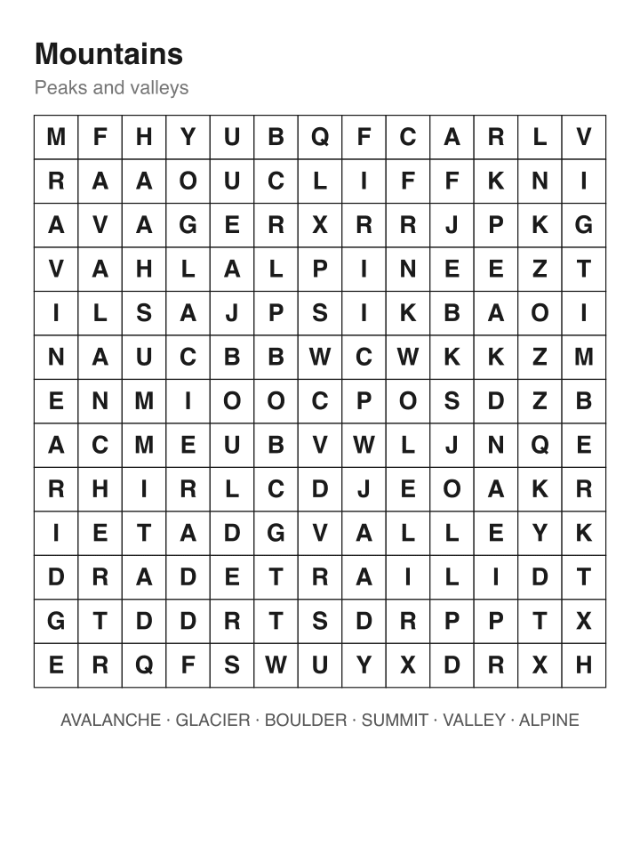 Mountains word search puzzle, 13 by 13 grid