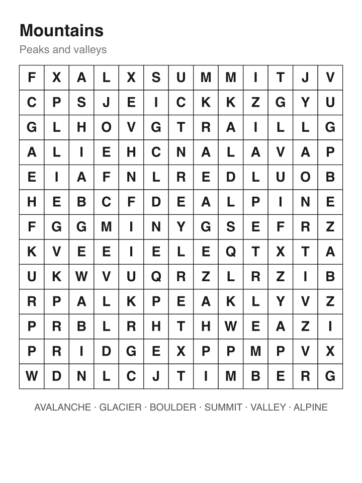 Mountains word search puzzle, 13 by 13 grid